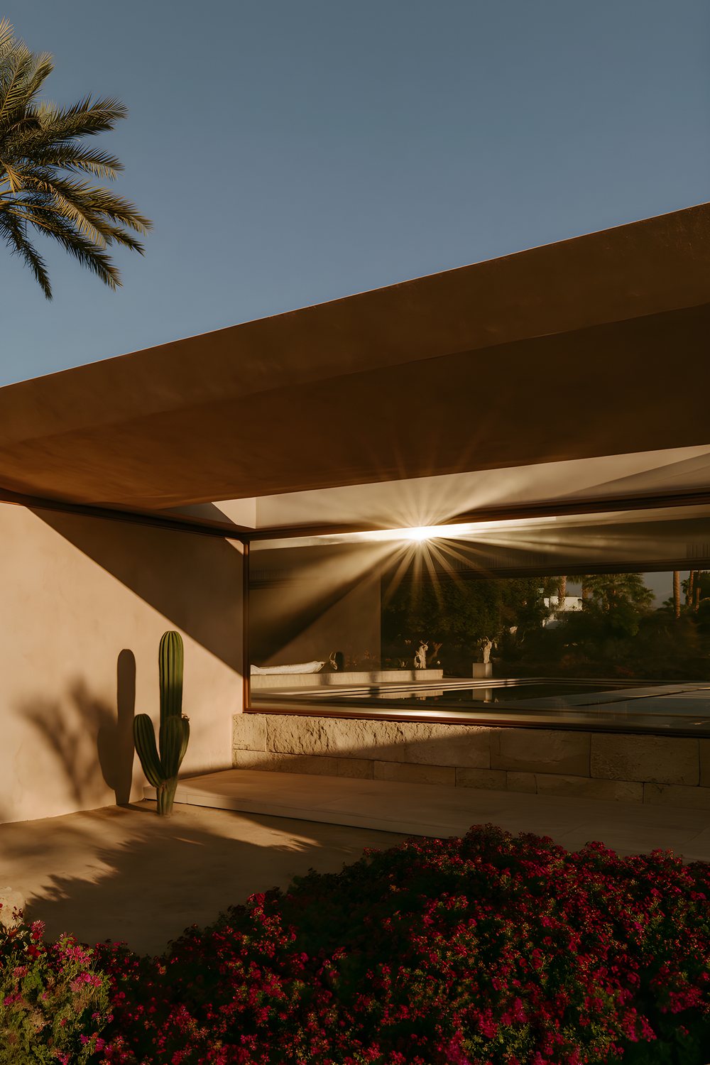 Tirage Terre Aride : architecture de désert au soleil rasant, cactus contre un mur ocre.